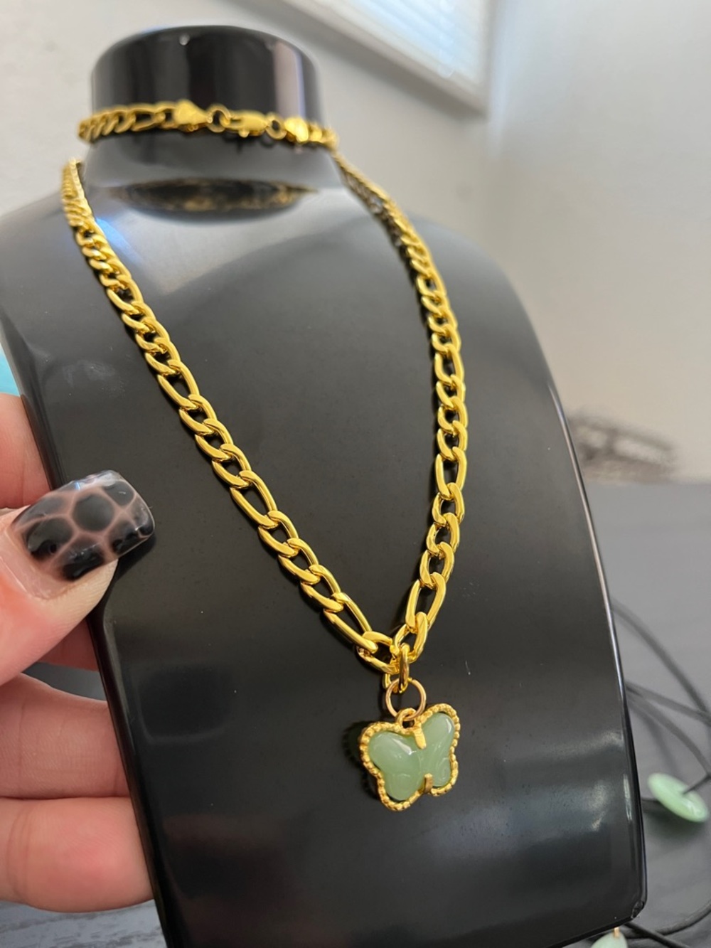 Gold Chain Necklace With Jade Butterfly Pendant - Women Jewelry